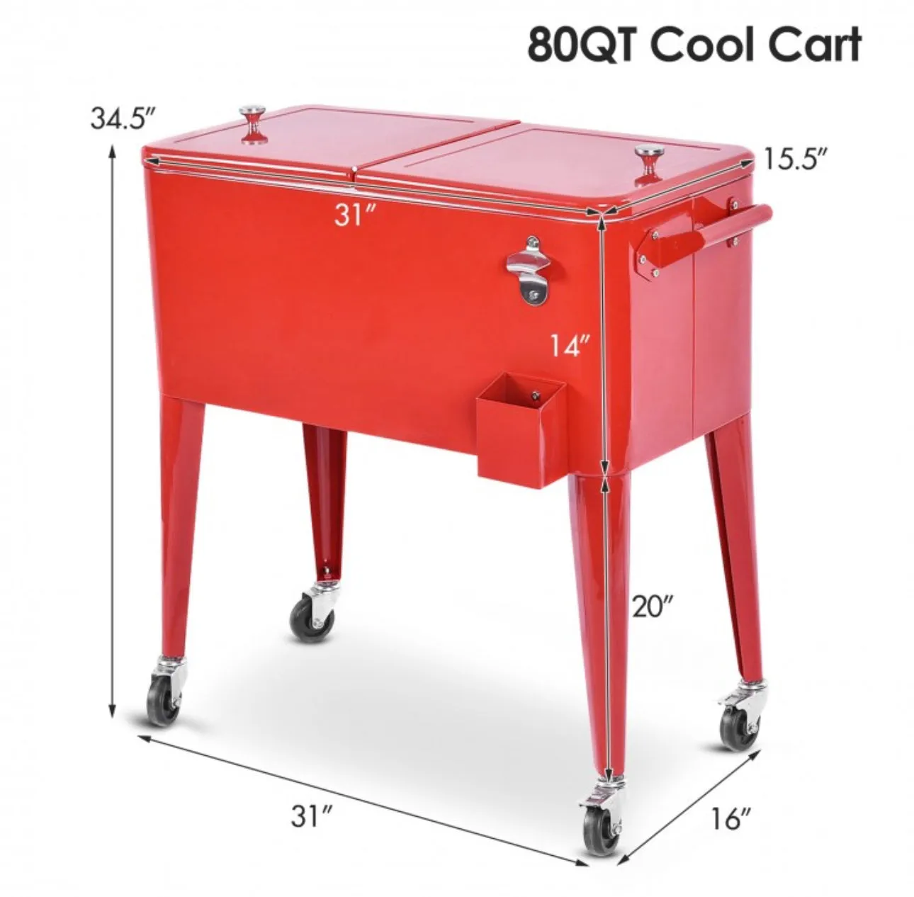 Heavy Duty Cool Red Portable Patio Cooler Cart With Side Bottle Opener, Cap Catcher| 80QT | BBQ | Camping | Gatherings | Drain Plug | Wheels