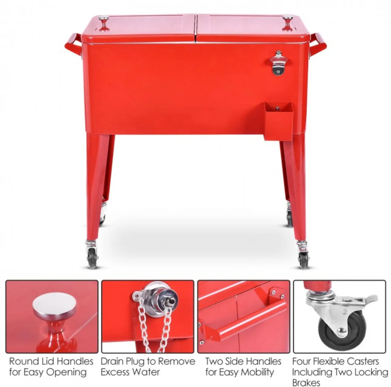 Heavy Duty Cool Red Portable Patio Cooler Cart With Side Bottle Opener, Cap Catcher| 80QT | BBQ | Camping | Gatherings | Drain Plug | Wheels