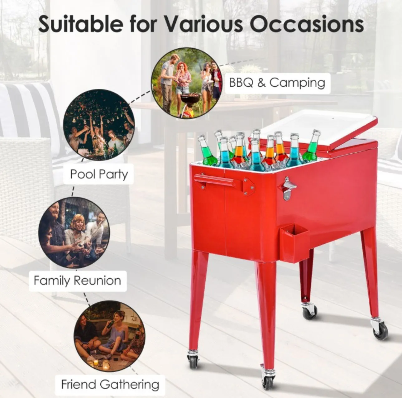 Heavy Duty Cool Red Portable Patio Cooler Cart With Side Bottle Opener, Cap Catcher| 80QT | BBQ | Camping | Gatherings | Drain Plug | Wheels