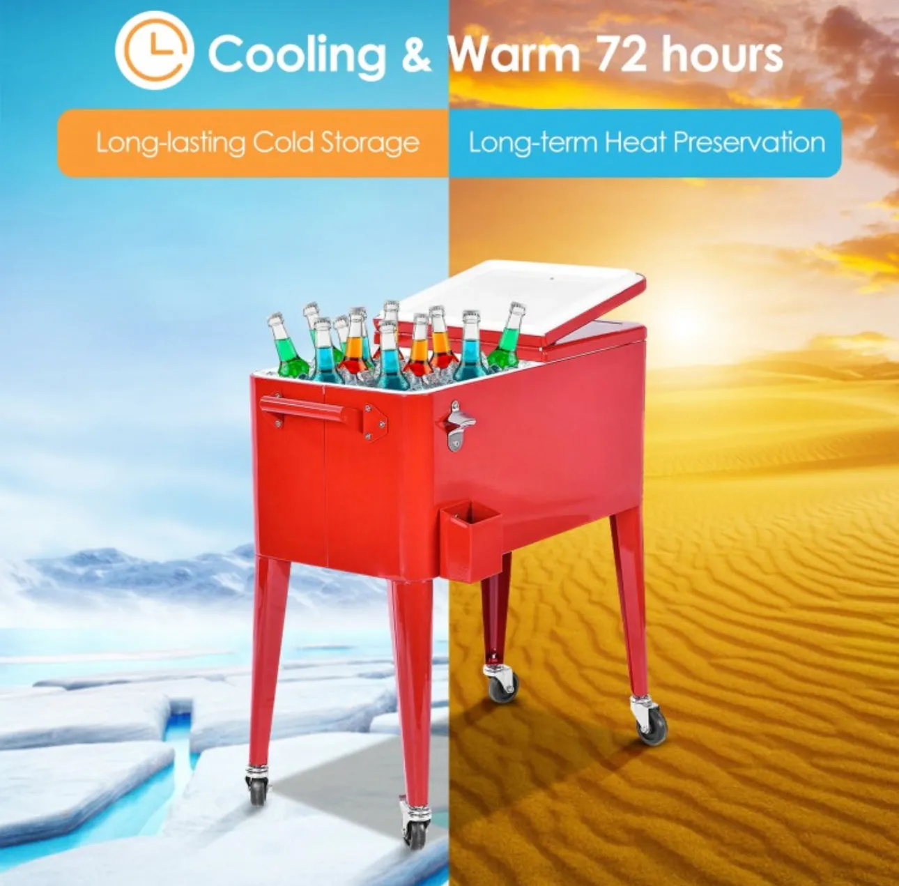 Heavy Duty Cool Red Portable Patio Cooler Cart With Side Bottle Opener, Cap Catcher| 80QT | BBQ | Camping | Gatherings | Drain Plug | Wheels