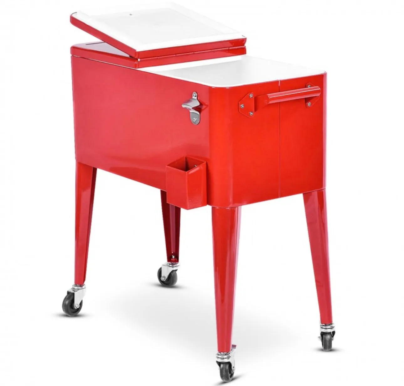 Heavy Duty Cool Red Portable Patio Cooler Cart With Side Bottle Opener, Cap Catcher| 80QT | BBQ | Camping | Gatherings | Drain Plug | Wheels