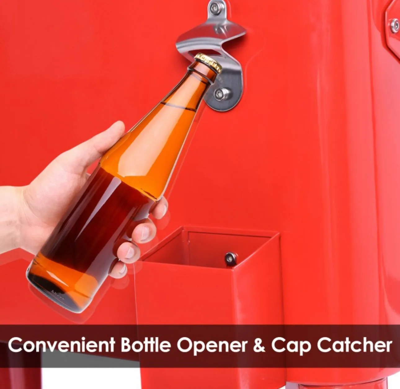 Heavy Duty Cool Red Portable Patio Cooler Cart With Side Bottle Opener, Cap Catcher| 80QT | BBQ | Camping | Gatherings | Drain Plug | Wheels