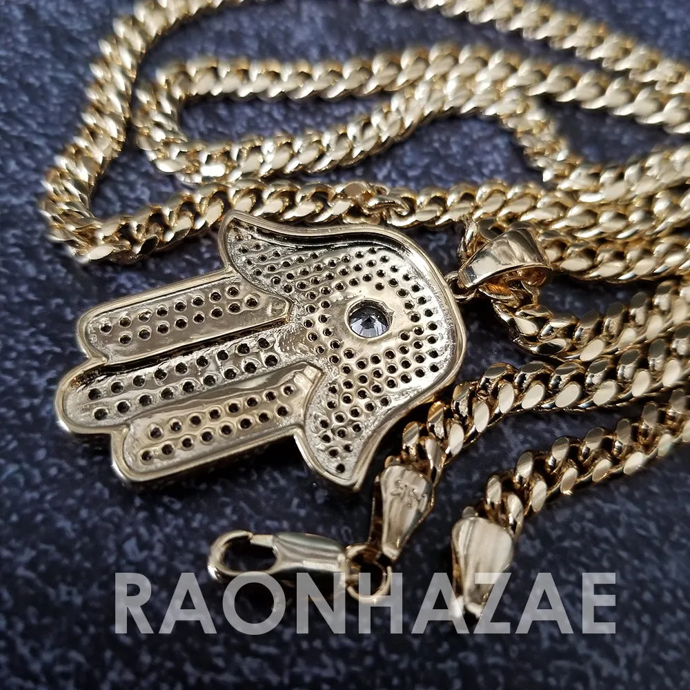Hip Hop Blinged Out Hands of Hamsa Pendant w/ 5mm Miami Cuban Chain