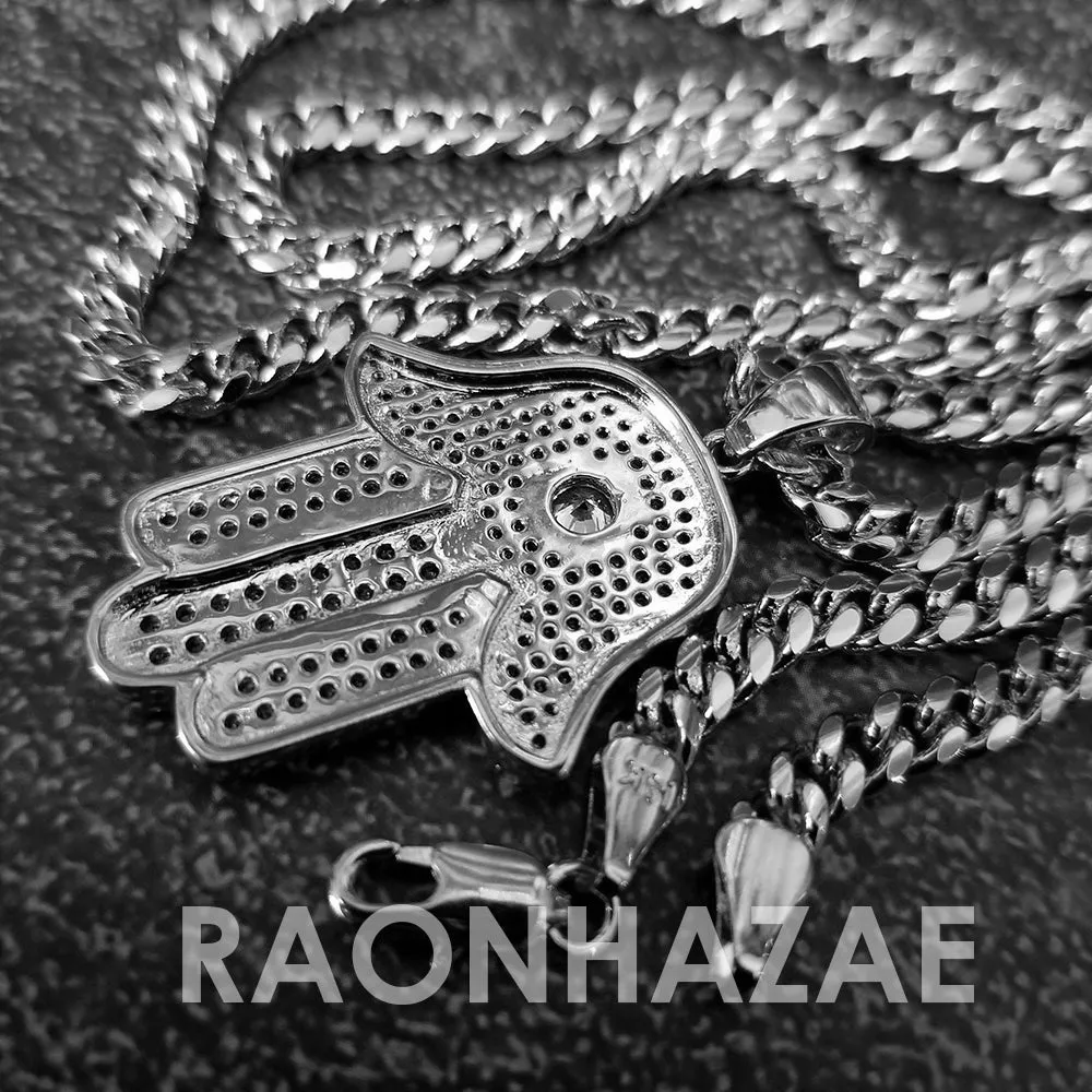 Hip Hop Blinged Out Hands of Hamsa Pendant w/ 5mm Miami Cuban Chain