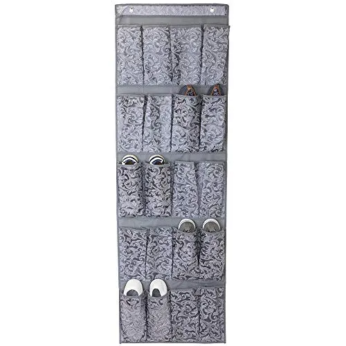 Home Basics Grey Damask Collection Non-Woven Storage and Organization (20 Pocket Over The Door Shoe Holder)