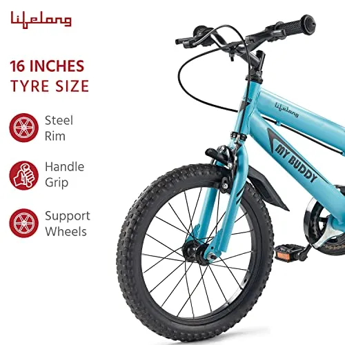 Lifelong LLBC1601 Mybuddy Cycle 16T with Support for Boys and Girls, 9.5'' Steel Frame| 85% Assembled, Frame Size: 12" | Ideal Height : 3 ft 8 inch  | Ideal for 4 to 8 Years (Blue)