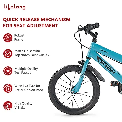 Lifelong LLBC1601 Mybuddy Cycle 16T with Support for Boys and Girls, 9.5'' Steel Frame| 85% Assembled, Frame Size: 12" | Ideal Height : 3 ft 8 inch  | Ideal for 4 to 8 Years (Blue)