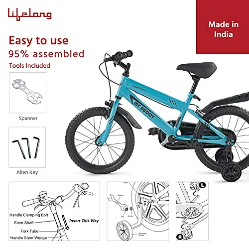 Lifelong LLBC1601 Mybuddy Cycle 16T with Support for Boys and Girls, 9.5'' Steel Frame| 85% Assembled, Frame Size: 12" | Ideal Height : 3 ft 8 inch  | Ideal for 4 to 8 Years (Blue)