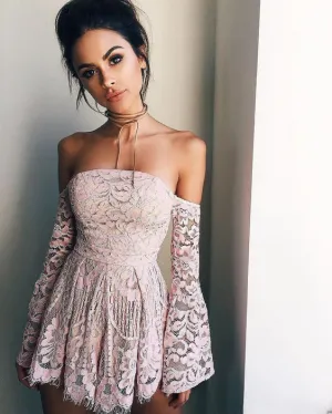 Long Sleeve Lace Short Sexy Baby Pink Homecoming Dress