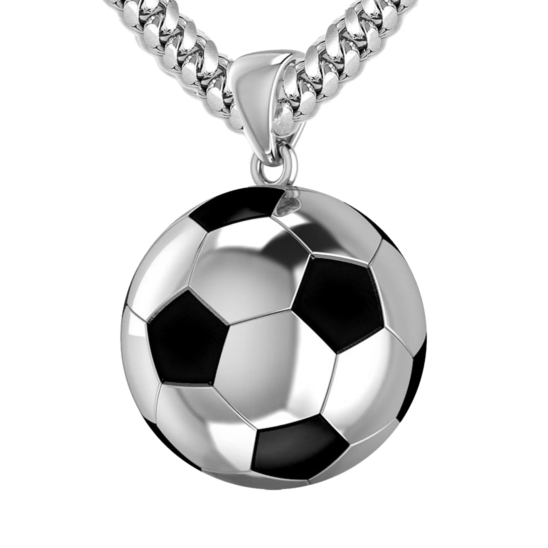 Men's Extra Large 925 Sterling Silver 3D Soccer Ball Football Pendant Necklace, 25mm