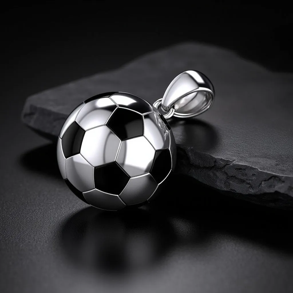 Men's Extra Large 925 Sterling Silver 3D Soccer Ball Football Pendant Necklace, 25mm