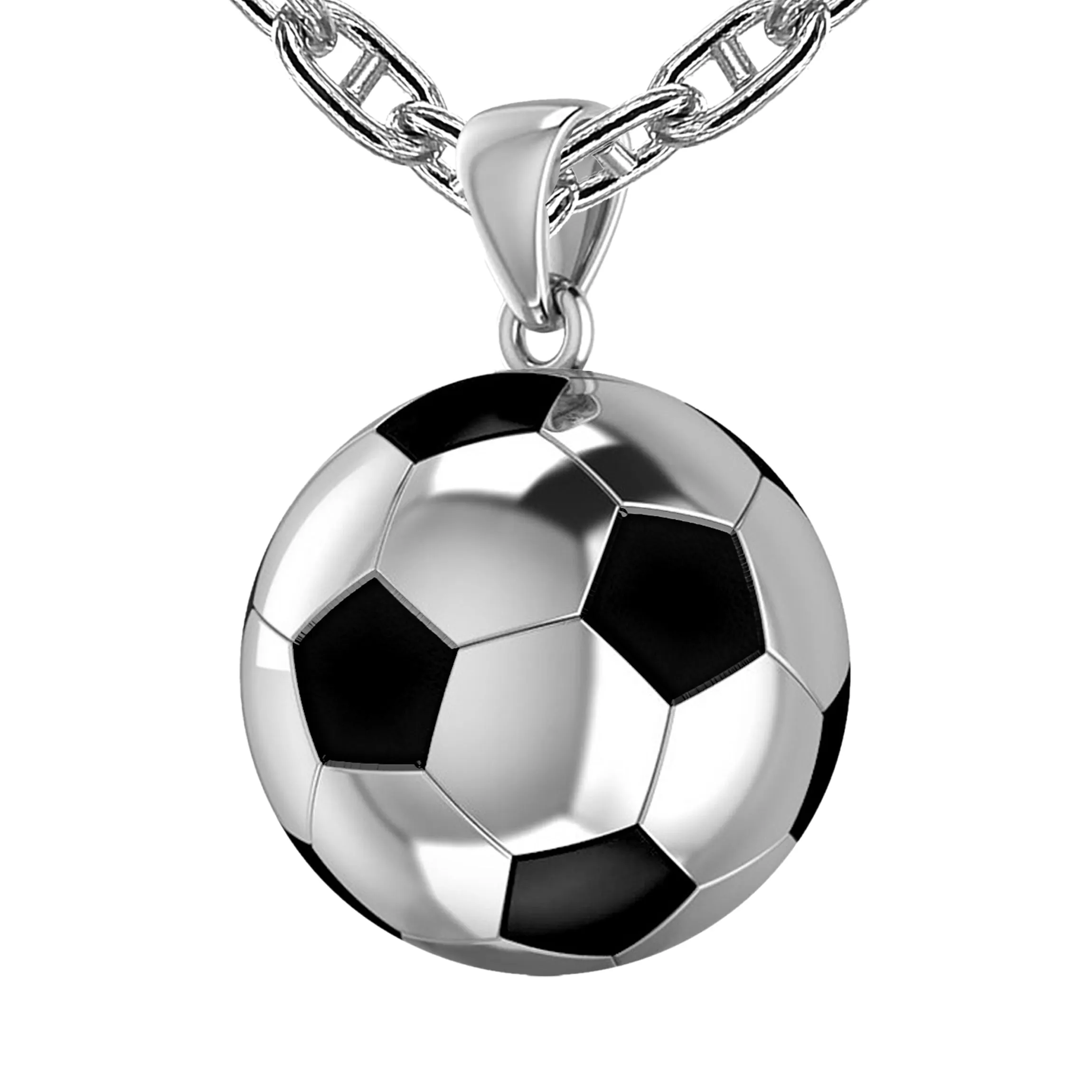 Men's Extra Large 925 Sterling Silver 3D Soccer Ball Football Pendant Necklace, 25mm