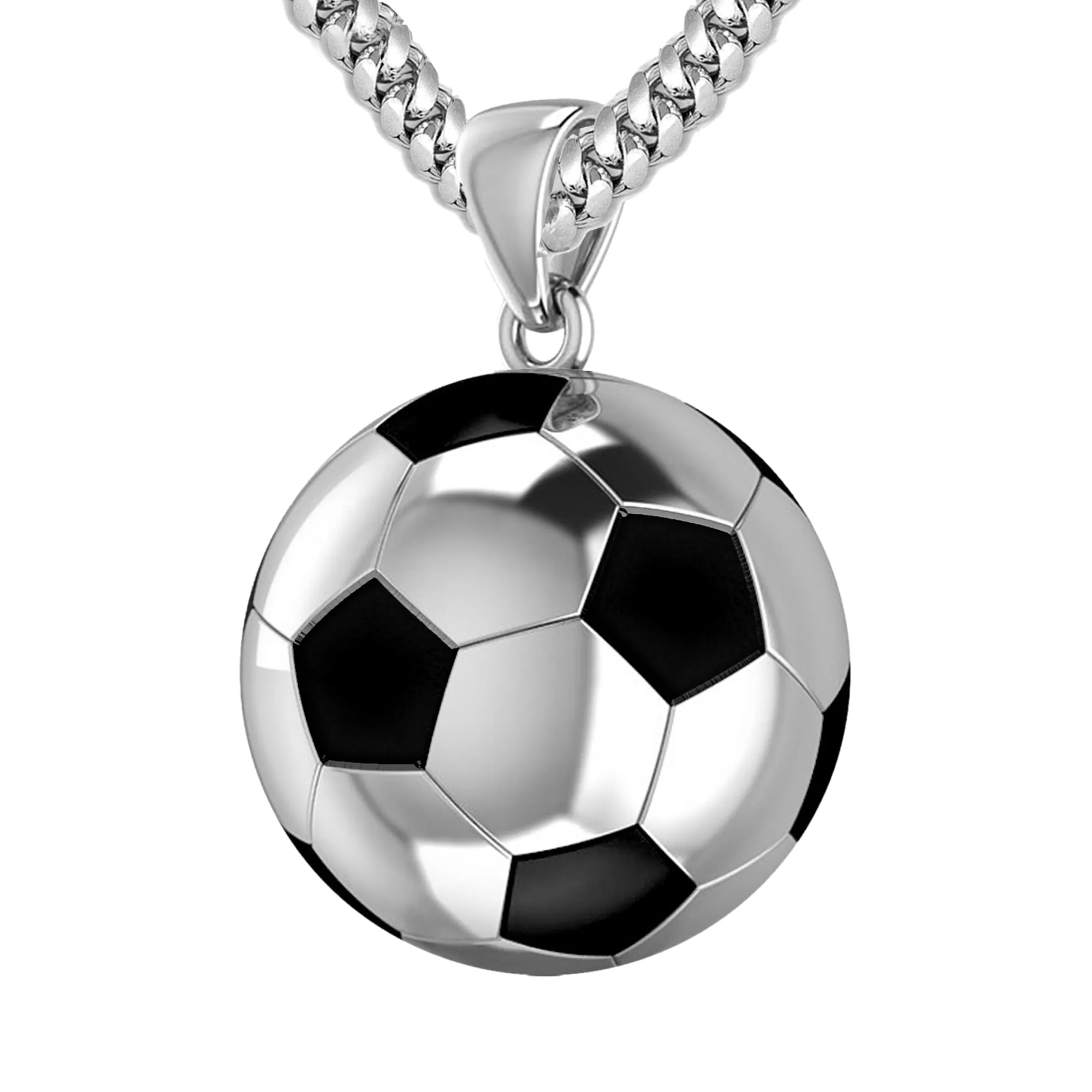 Men's Extra Large 925 Sterling Silver 3D Soccer Ball Football Pendant Necklace, 25mm