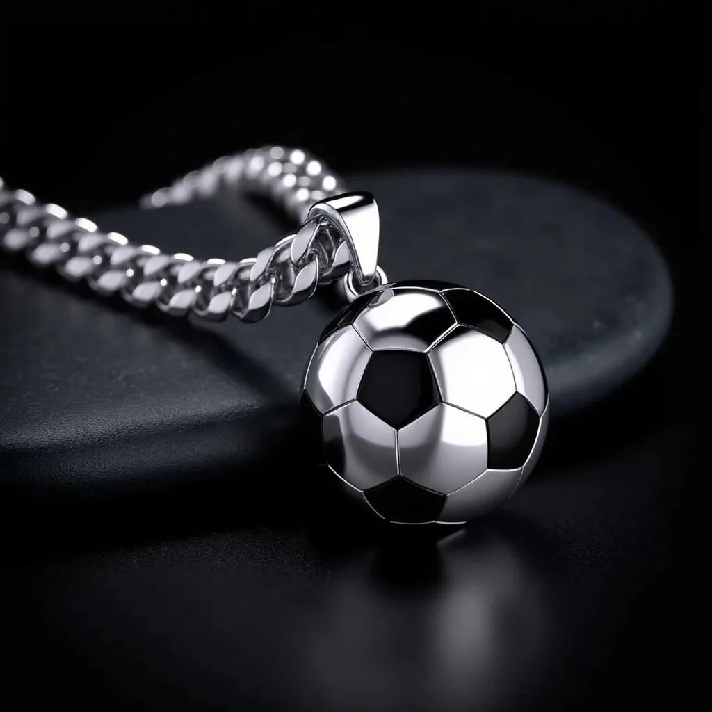 Men's Extra Large 925 Sterling Silver 3D Soccer Ball Football Pendant Necklace, 25mm