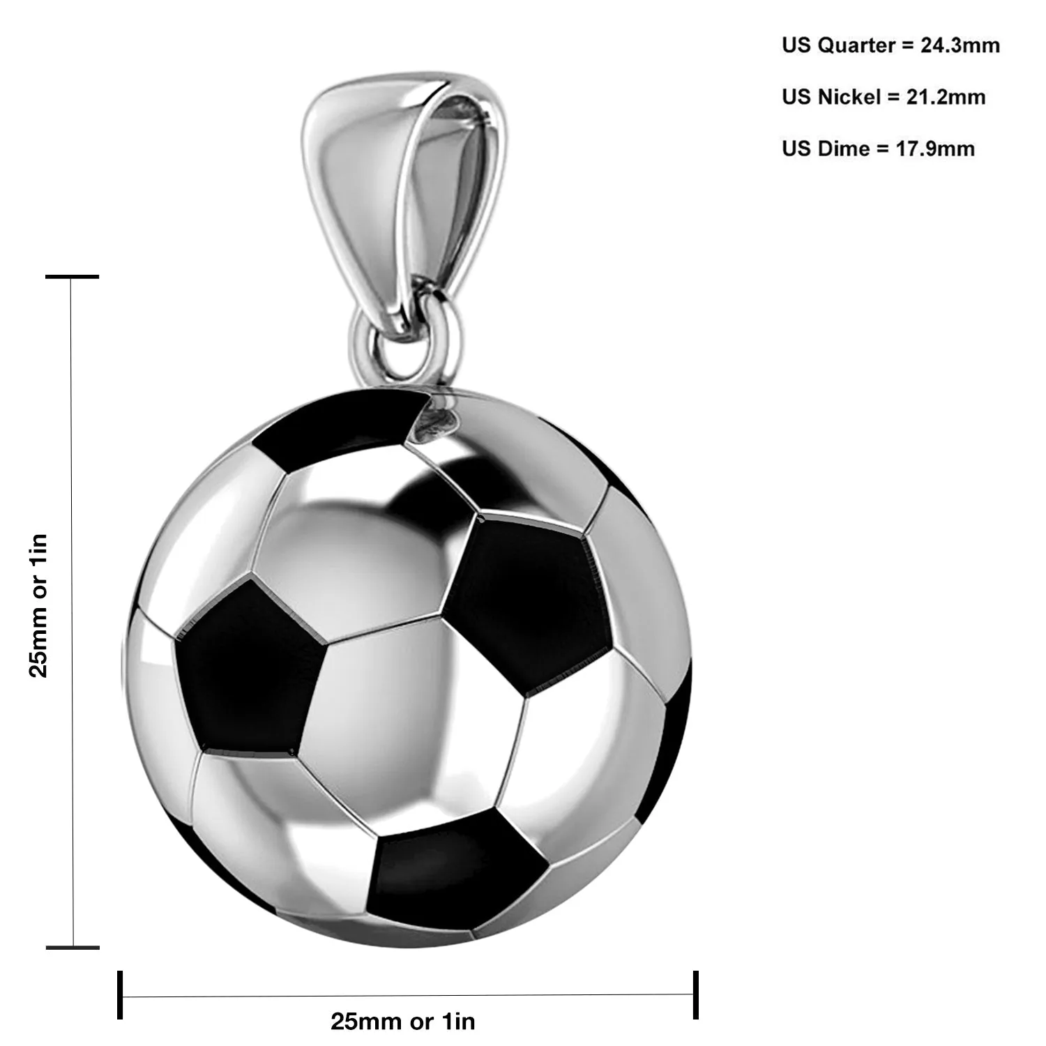 Men's Extra Large 925 Sterling Silver 3D Soccer Ball Football Pendant Necklace, 25mm