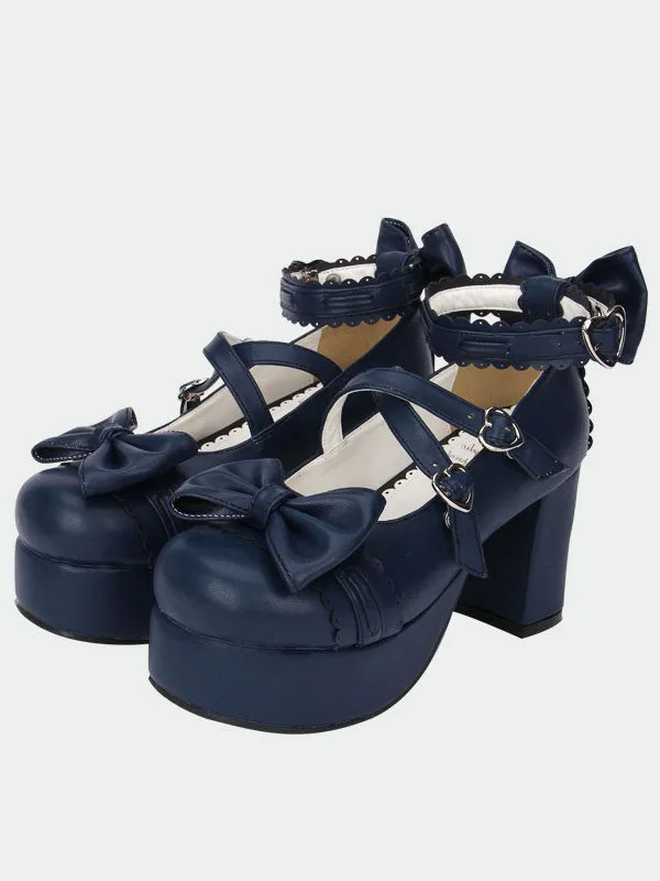 Navy Blue Lolita Chunky Pony Heels Shoes Platform Ankle Straps Bows Heart Shape Buckles
