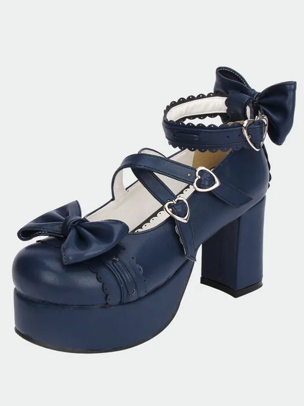 Navy Blue Lolita Chunky Pony Heels Shoes Platform Ankle Straps Bows Heart Shape Buckles