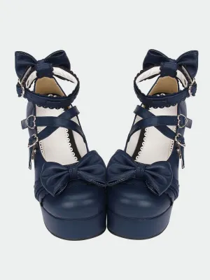 Navy Blue Lolita Chunky Pony Heels Shoes Platform Ankle Straps Bows Heart Shape Buckles