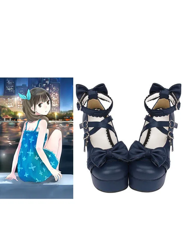 Navy Blue Lolita Chunky Pony Heels Shoes Platform Ankle Straps Bows Heart Shape Buckles