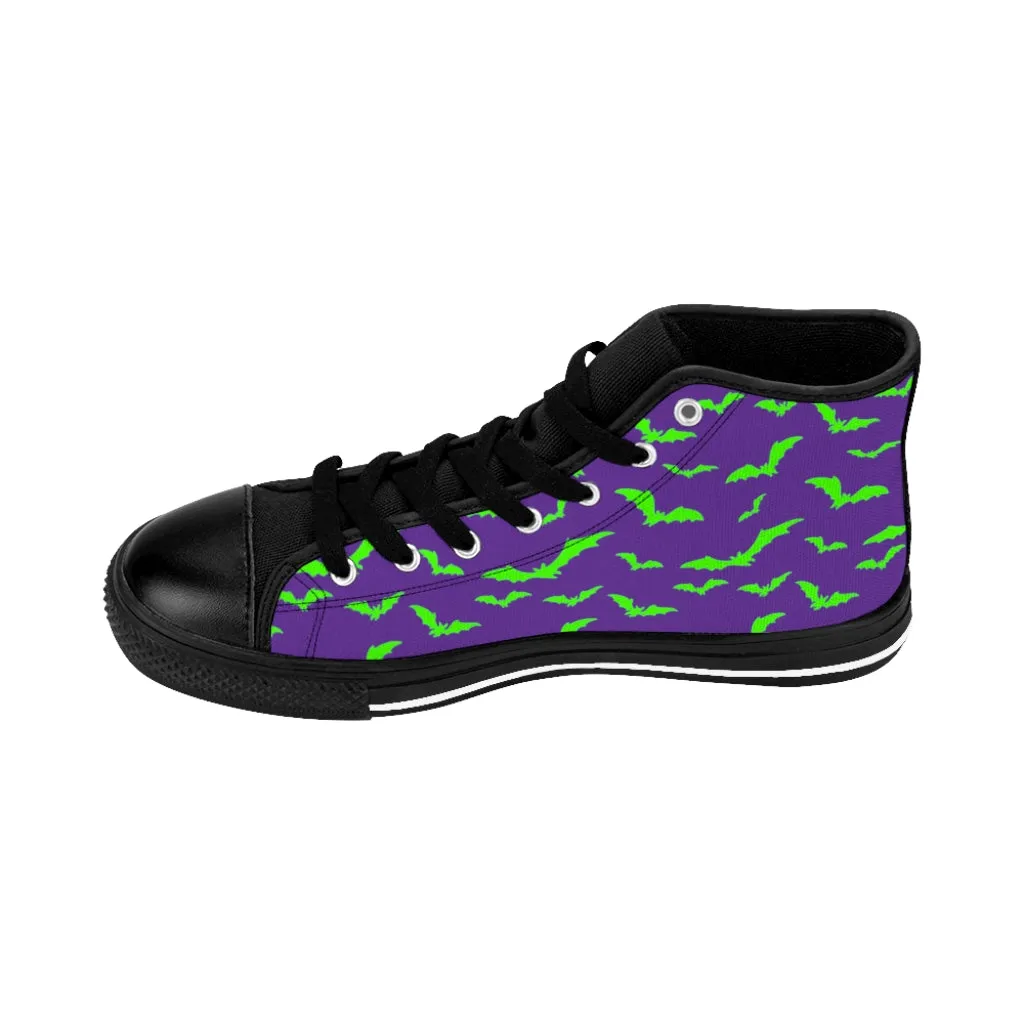 Neon Green Flying Bats in Purple Men's High-top Sneakers