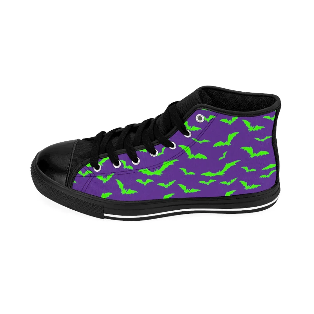 Neon Green Flying Bats in Purple Men's High-top Sneakers