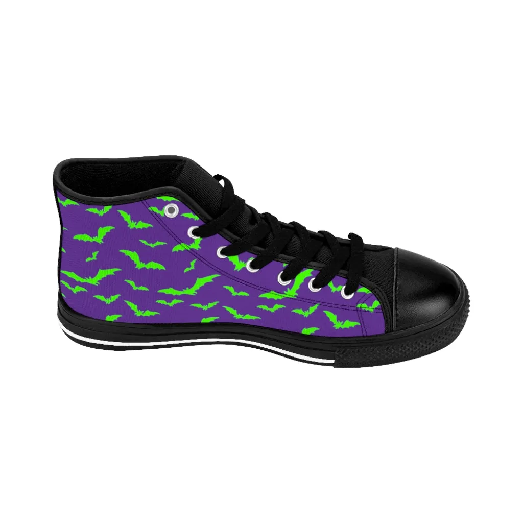 Neon Green Flying Bats in Purple Men's High-top Sneakers