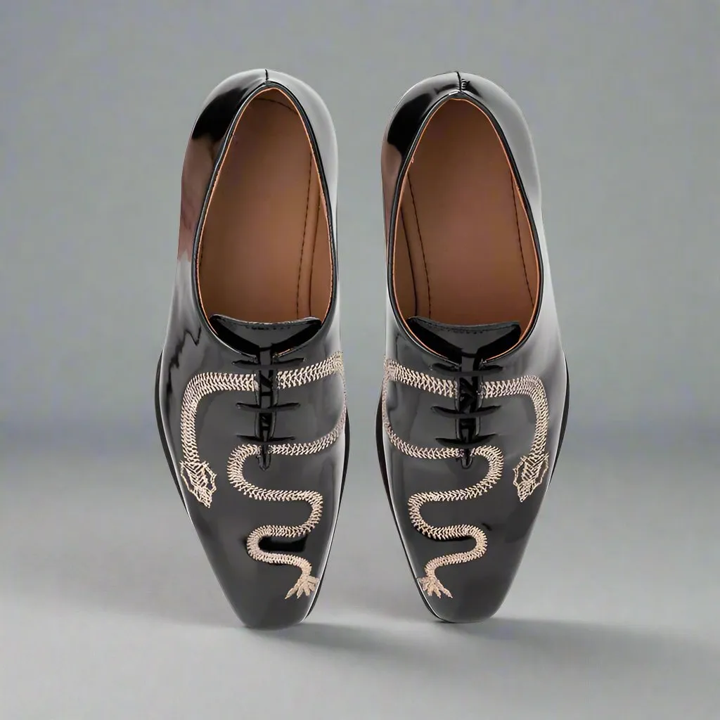 Patent Leather Dragon Embroidery Whole Cut Oxfords - Formal Shoes - Shoes For Party