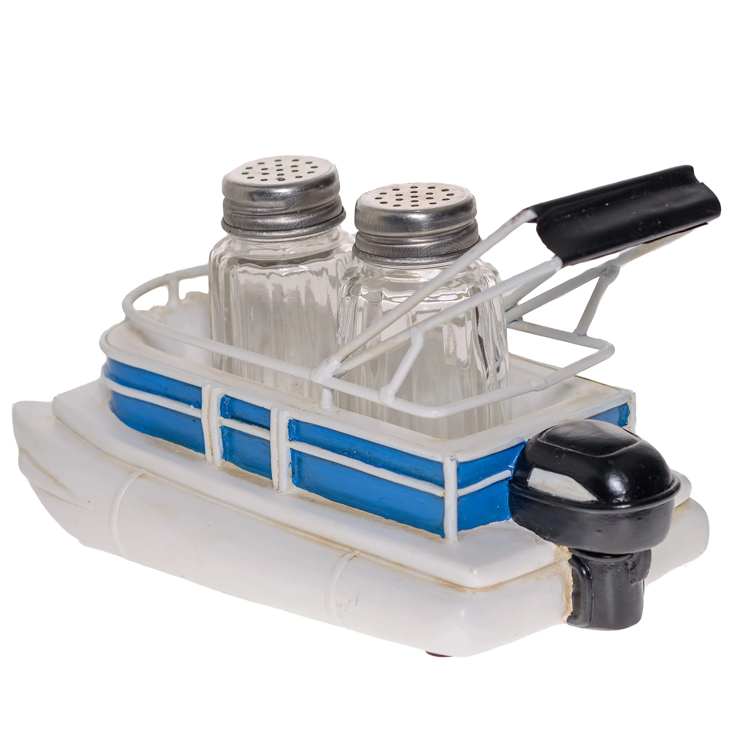 Pine Ridge Pontoon Boat Salt And Pepper Shaker - Two Glass Shakers With Lids, Pontoon Boat Holder Caddy For Spices And Seasonings, For Kitchen, Dining Or Table Decor