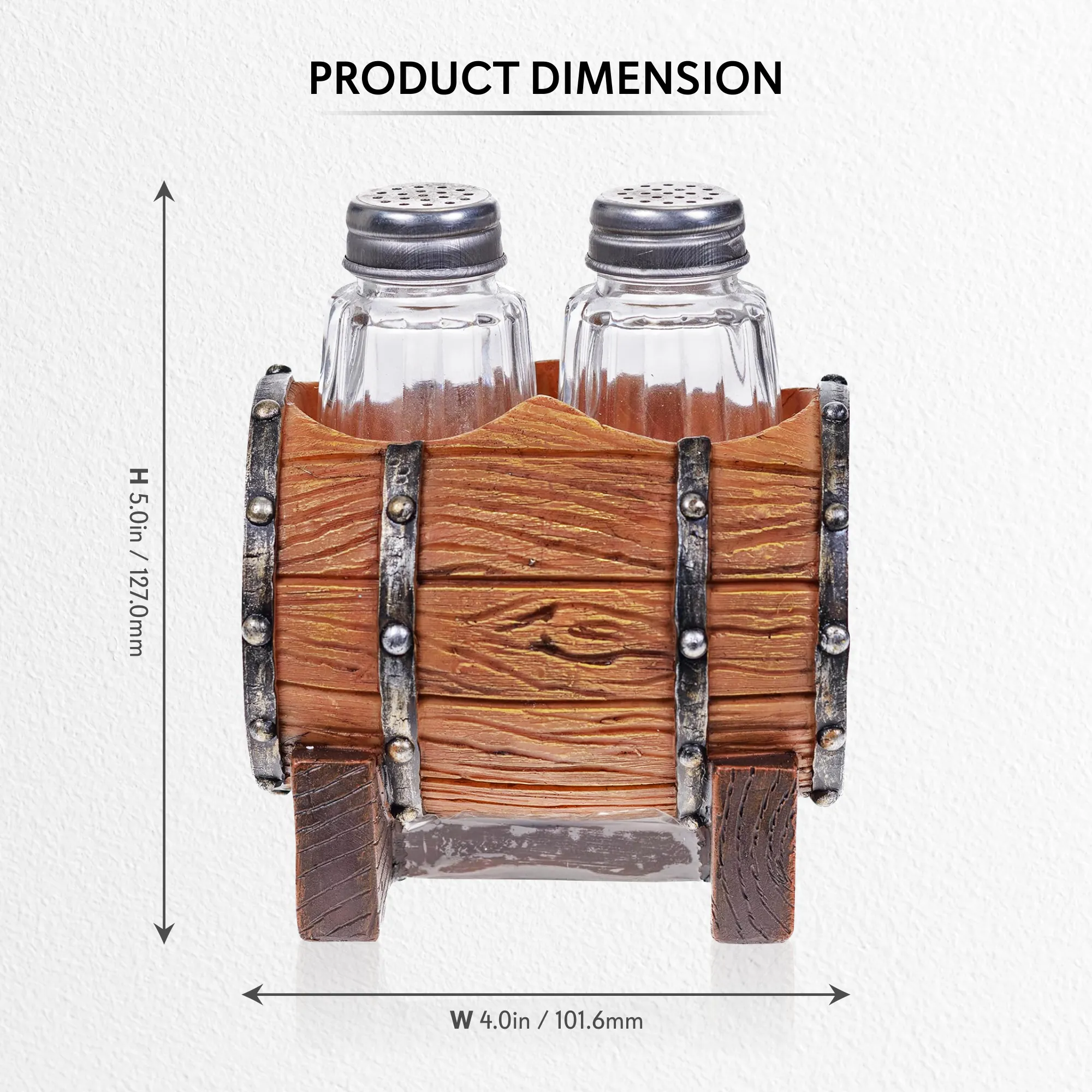 Pine Ridge Whiskey Barrel Salt And Pepper Shaker - Two Glass Shakers, Whiskey Barrel Holder Caddy For Spices And Seasonings, For Kitchen, Dining Or Table Decor
