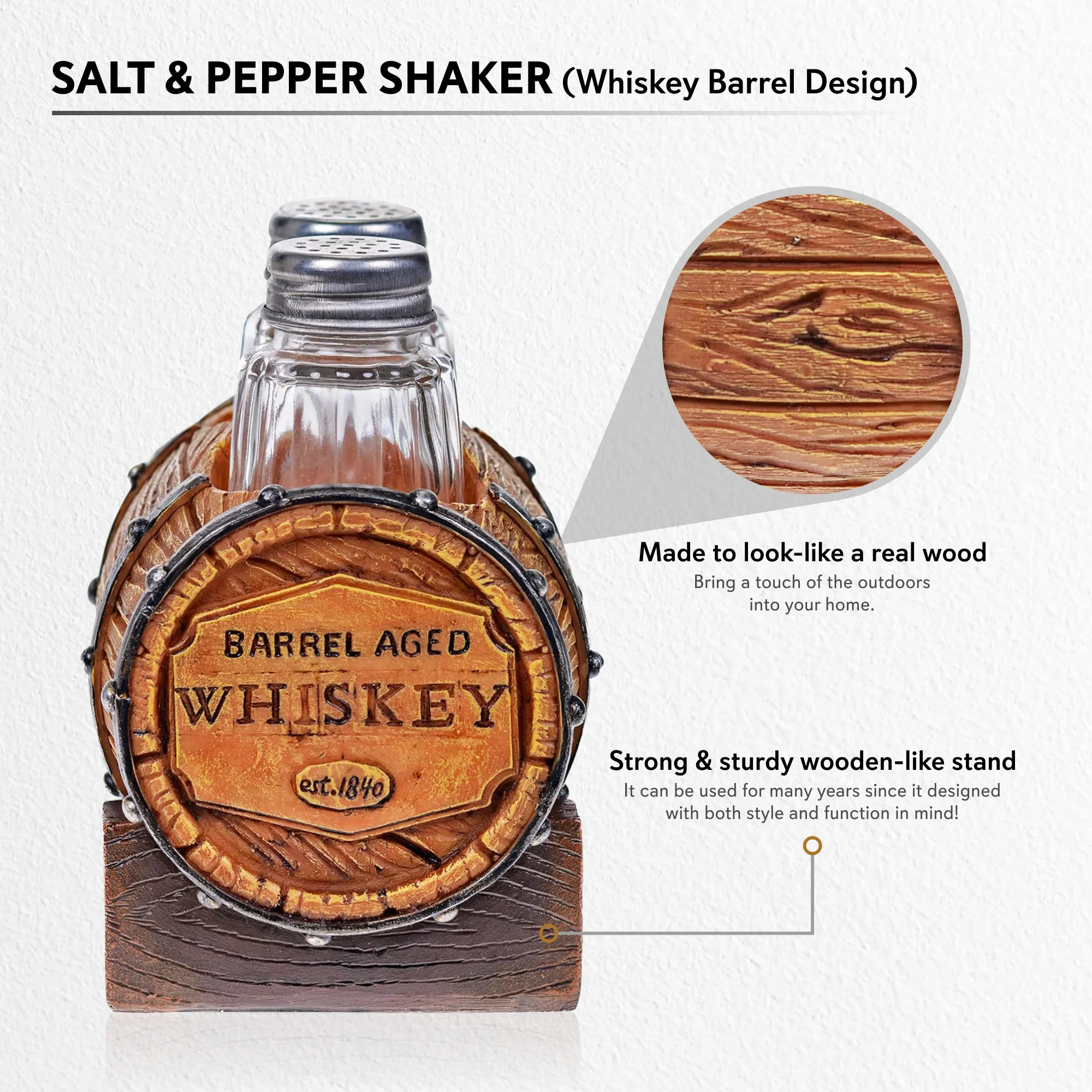 Pine Ridge Whiskey Barrel Salt And Pepper Shaker - Two Glass Shakers, Whiskey Barrel Holder Caddy For Spices And Seasonings, For Kitchen, Dining Or Table Decor