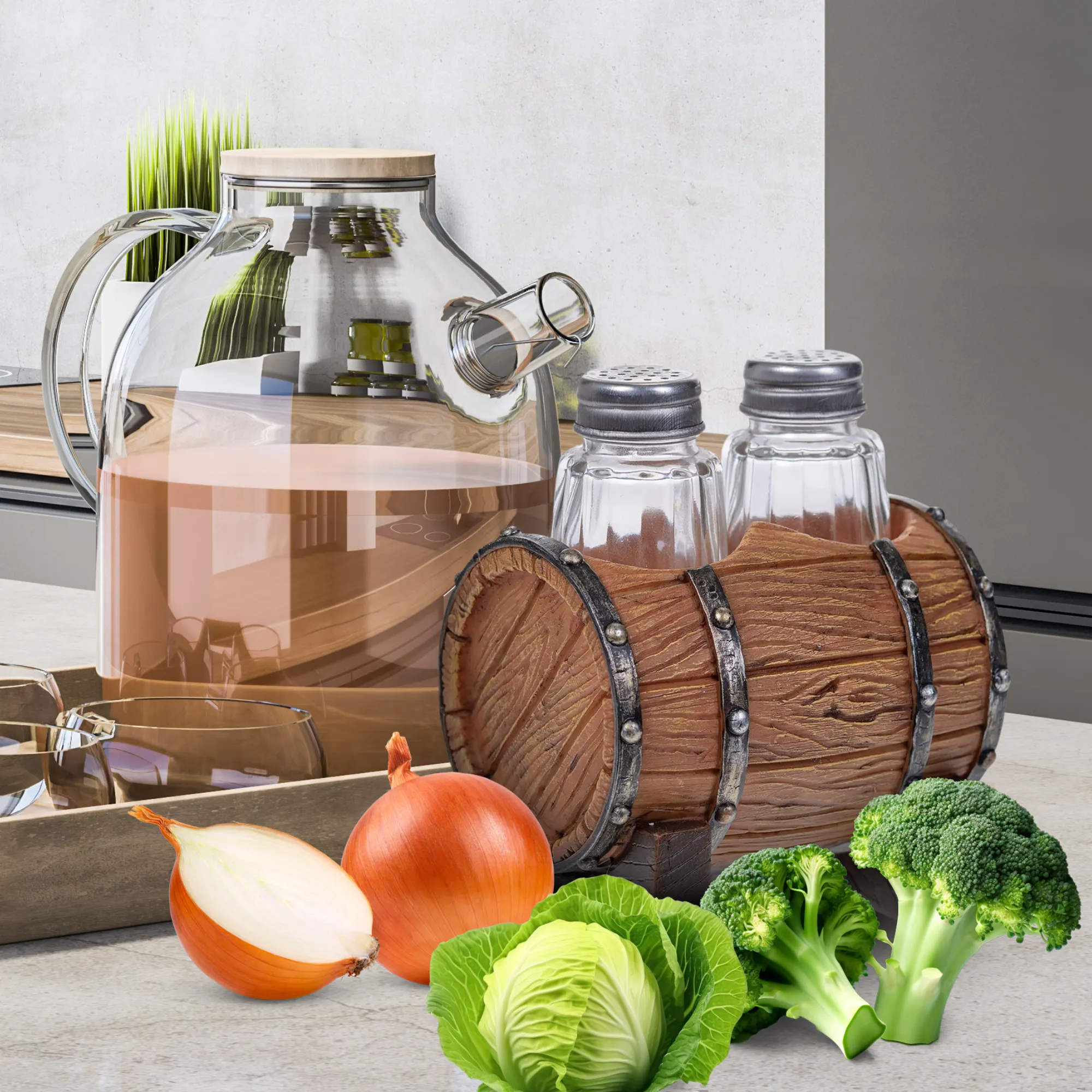 Pine Ridge Whiskey Barrel Salt And Pepper Shaker - Two Glass Shakers, Whiskey Barrel Holder Caddy For Spices And Seasonings, For Kitchen, Dining Or Table Decor