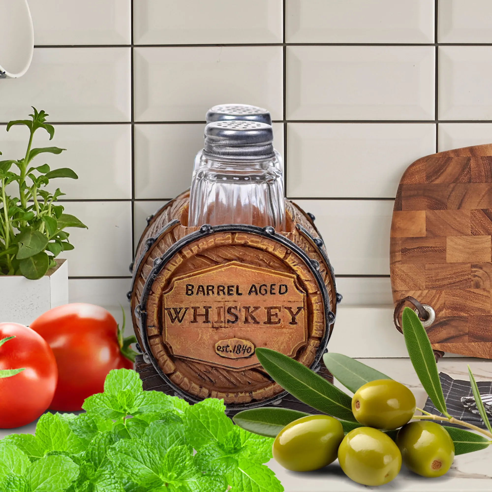 Pine Ridge Whiskey Barrel Salt And Pepper Shaker - Two Glass Shakers, Whiskey Barrel Holder Caddy For Spices And Seasonings, For Kitchen, Dining Or Table Decor