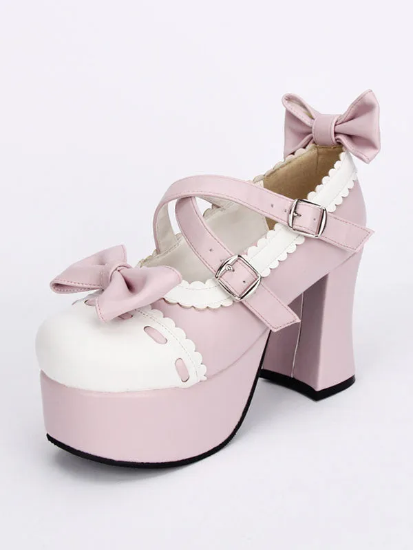 Pink Lolita Pony Heels Shoes Platform White Trim Bows Straps Buckles