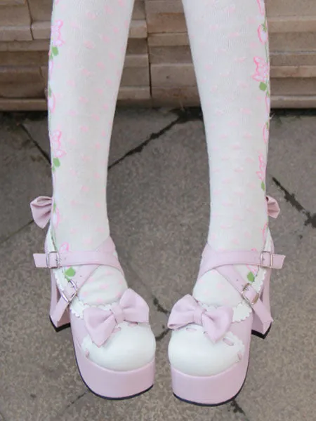 Pink Lolita Pony Heels Shoes Platform White Trim Bows Straps Buckles