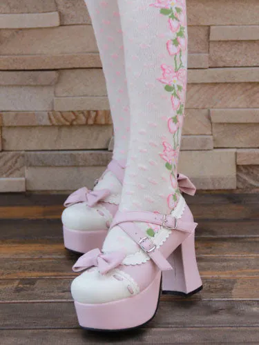 Pink Lolita Pony Heels Shoes Platform White Trim Bows Straps Buckles