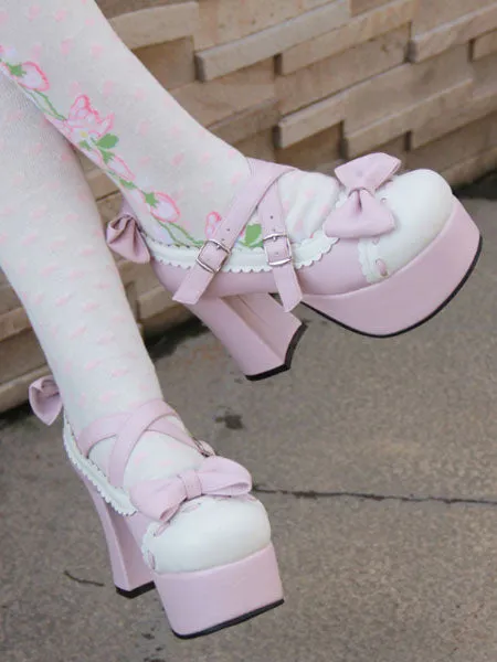 Pink Lolita Pony Heels Shoes Platform White Trim Bows Straps Buckles