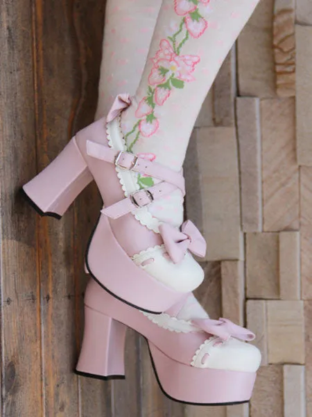 Pink Lolita Pony Heels Shoes Platform White Trim Bows Straps Buckles