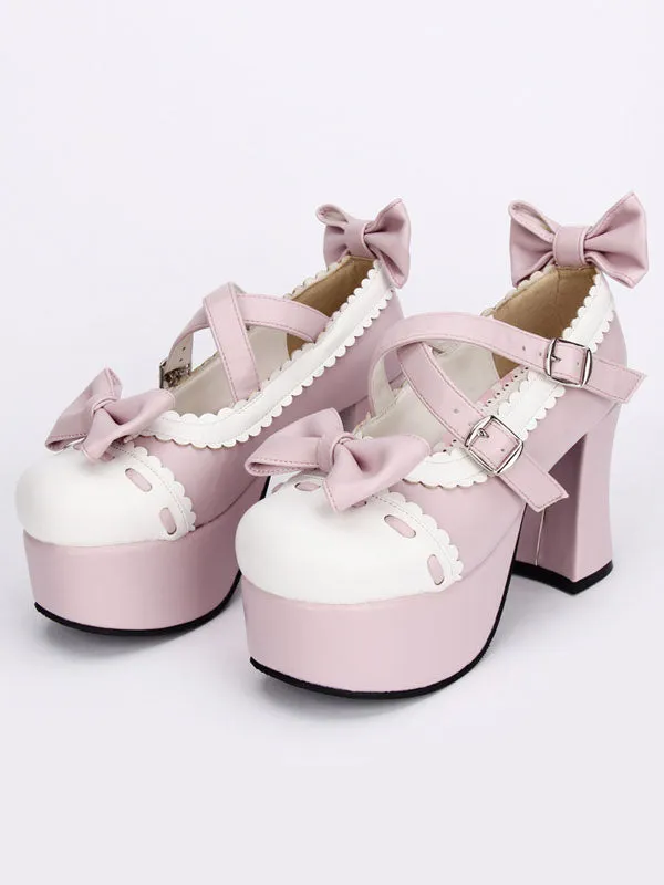 Pink Lolita Pony Heels Shoes Platform White Trim Bows Straps Buckles