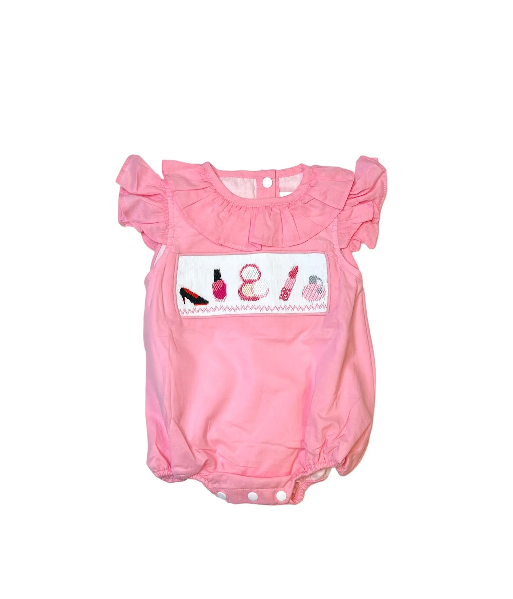 Pink solid make up theme smocked girl bubble.