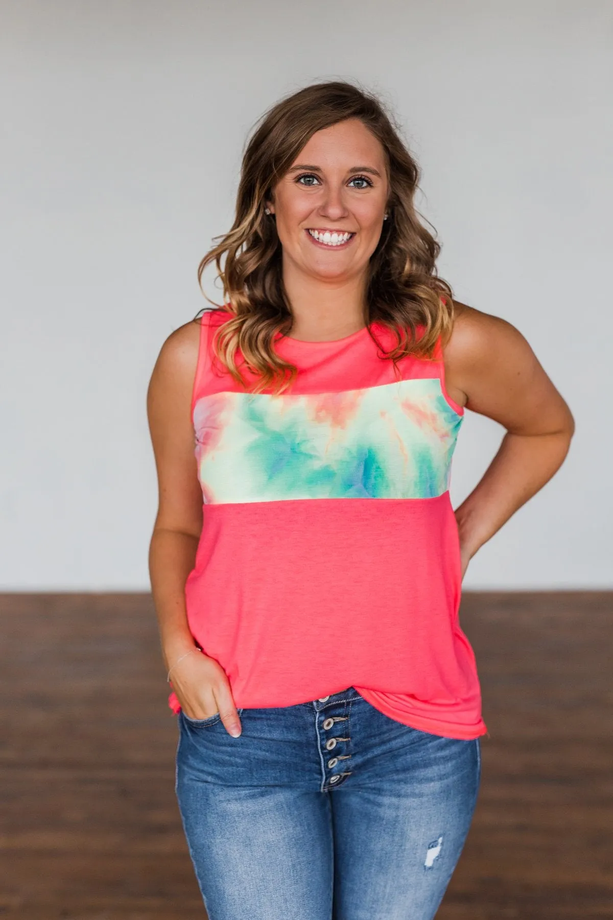 Pocketful of Pink Color Block Tank Top- Neon Pink
