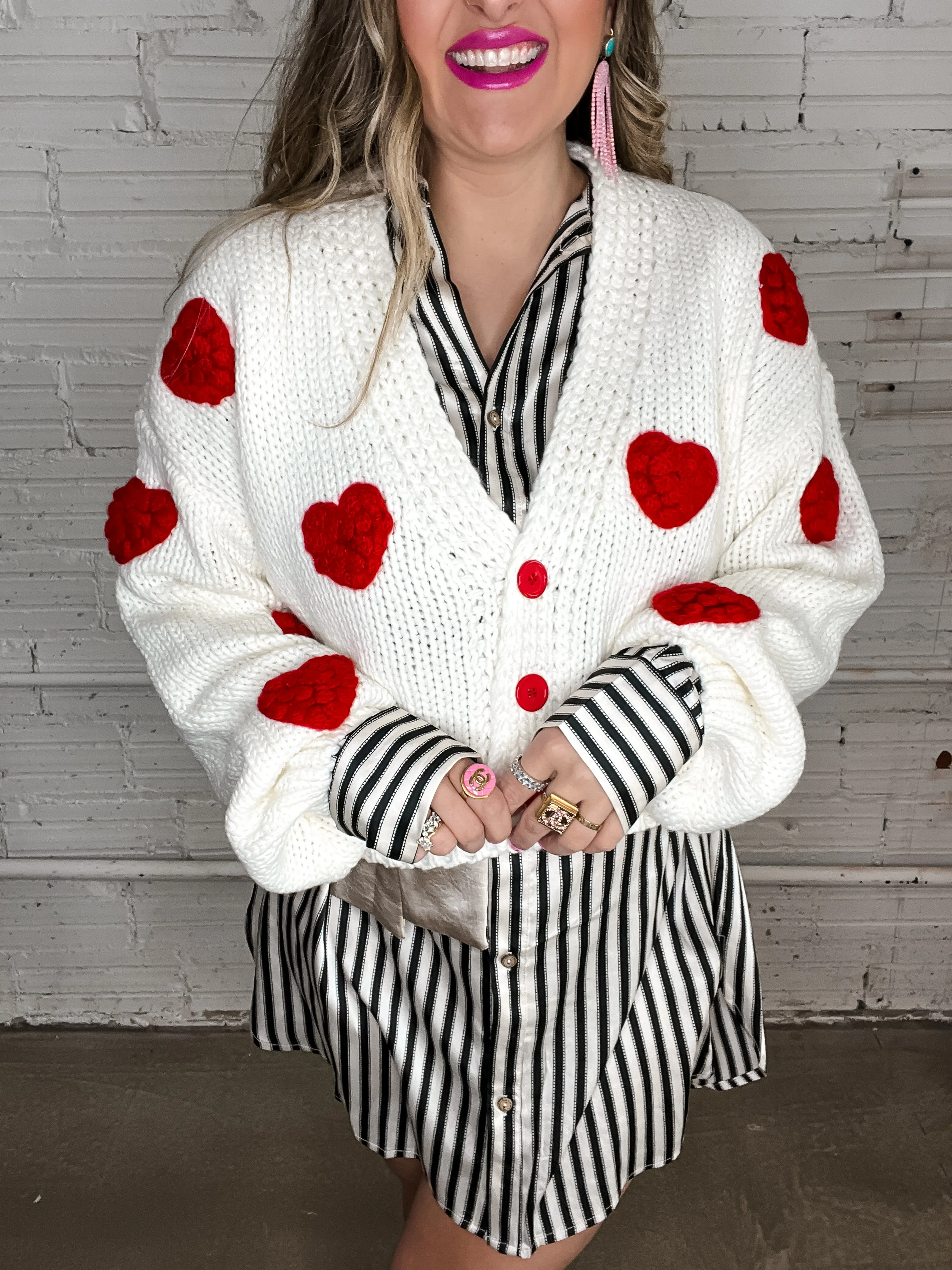 Puff Heart Chunky Cardigan - White