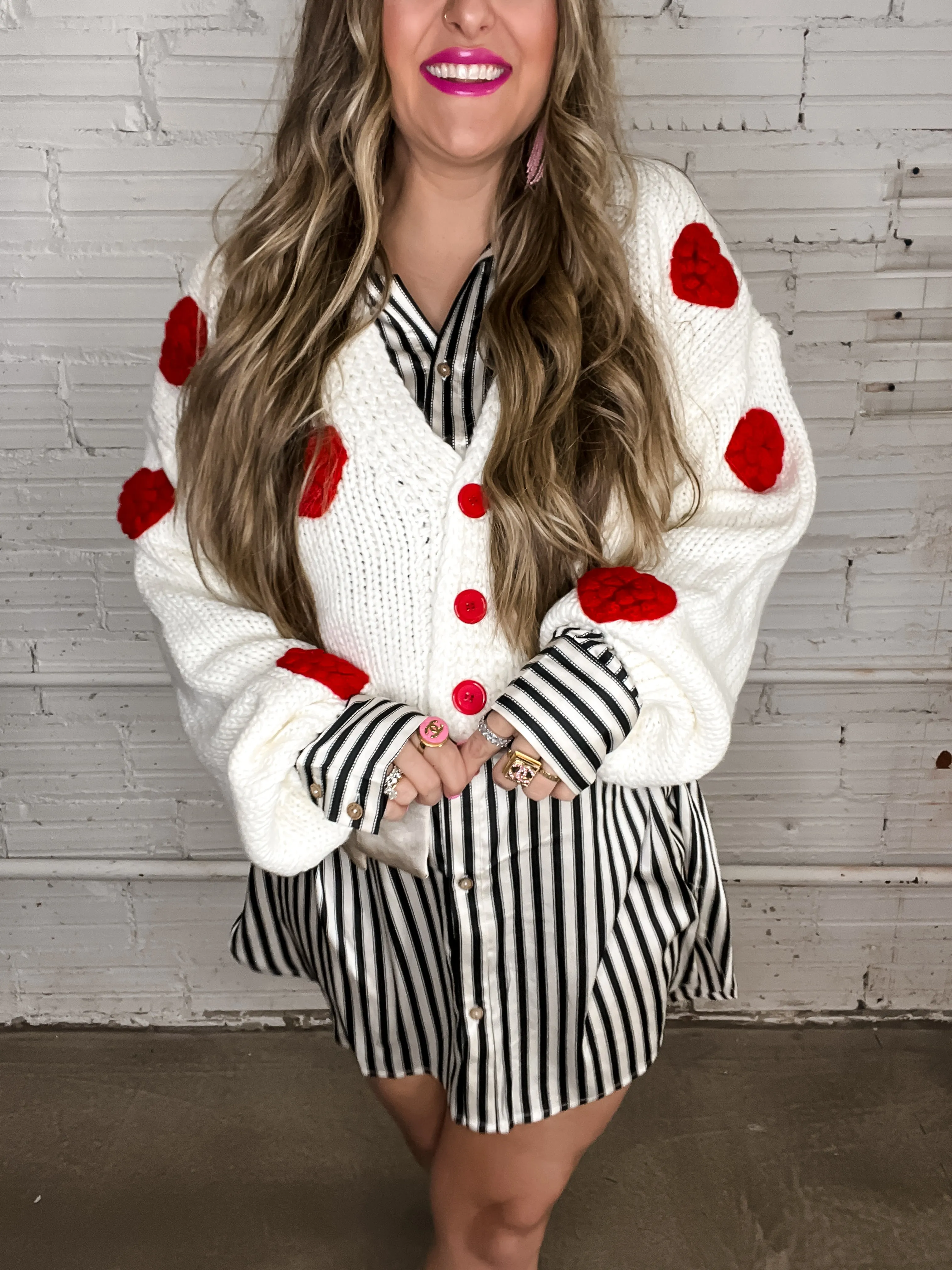Puff Heart Chunky Cardigan - White