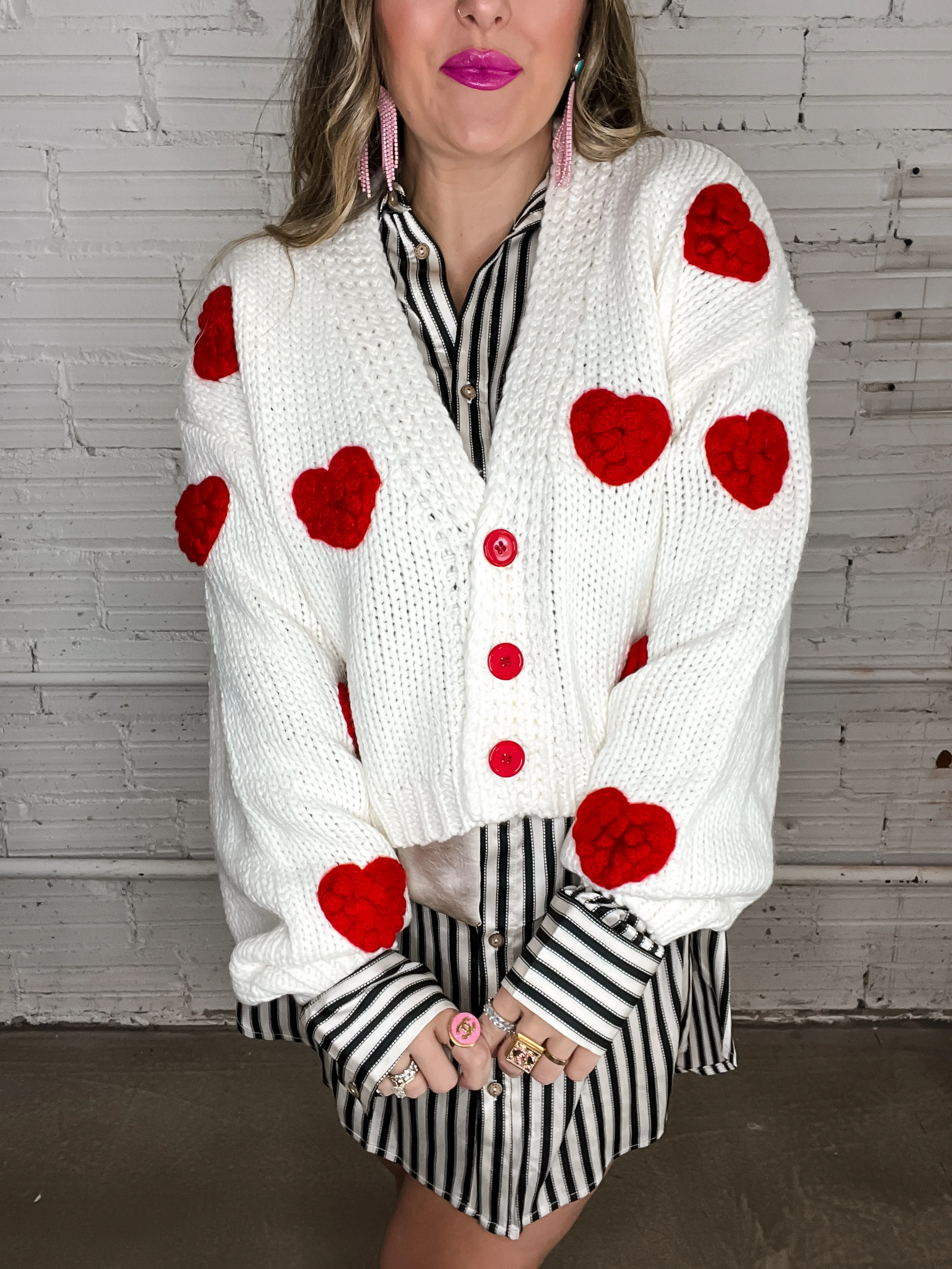 Puff Heart Chunky Cardigan - White
