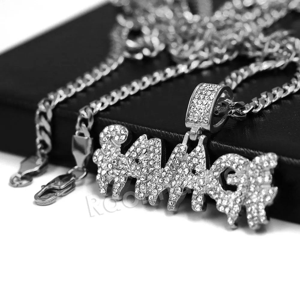 Raonhazae 316L Stainless Steel Dripped Bubble Savage Iced CZ Pendant w/ 4mm Miami Cuban Chain