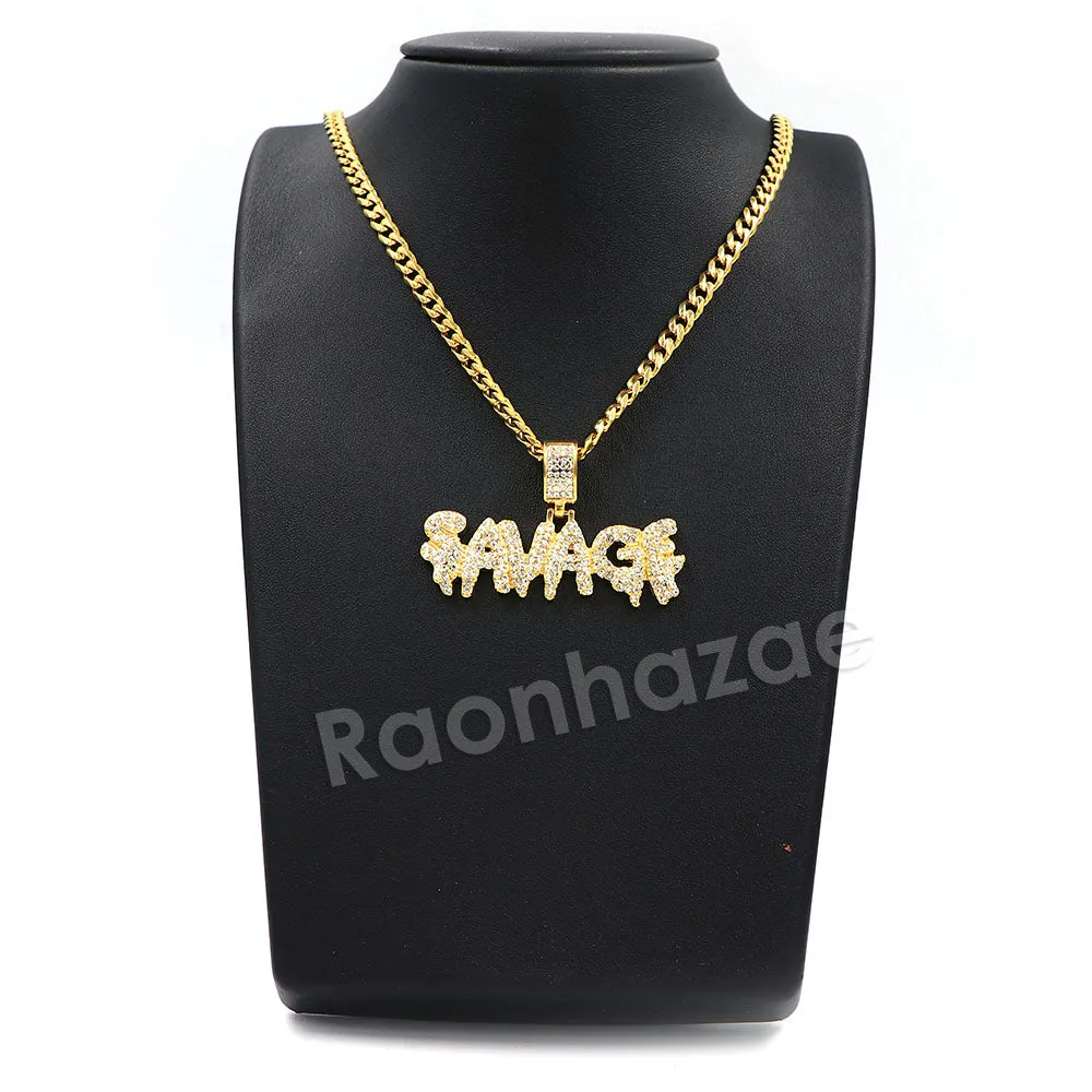 Raonhazae 316L Stainless Steel Dripped Bubble Savage Iced CZ Pendant w/ 4mm Miami Cuban Chain