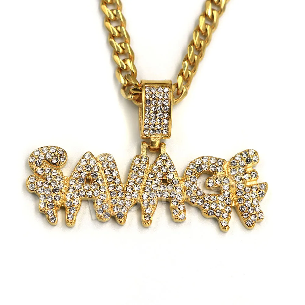 Raonhazae 316L Stainless Steel Dripped Bubble Savage Iced CZ Pendant w/ 4mm Miami Cuban Chain
