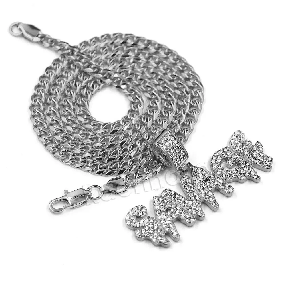 Raonhazae 316L Stainless Steel Dripped Bubble Savage Iced CZ Pendant w/ 4mm Miami Cuban Chain
