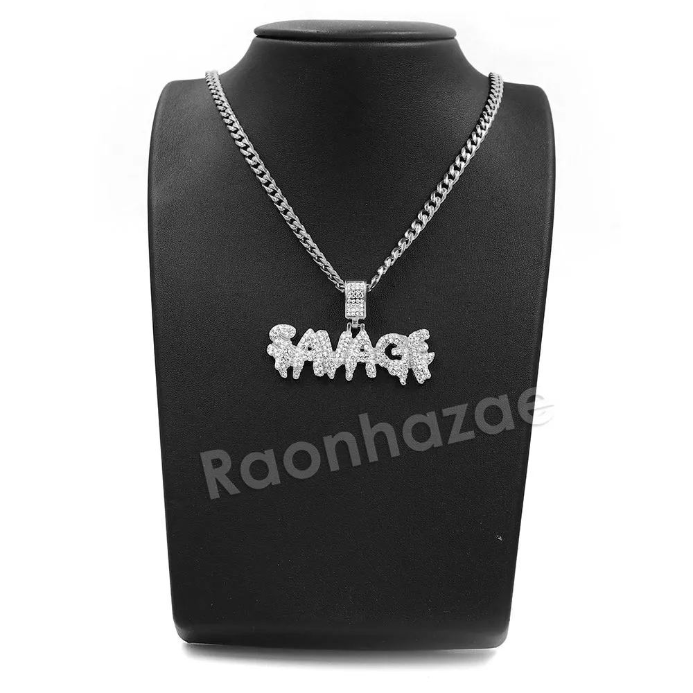 Raonhazae 316L Stainless Steel Dripped Bubble Savage Iced CZ Pendant w/ 4mm Miami Cuban Chain