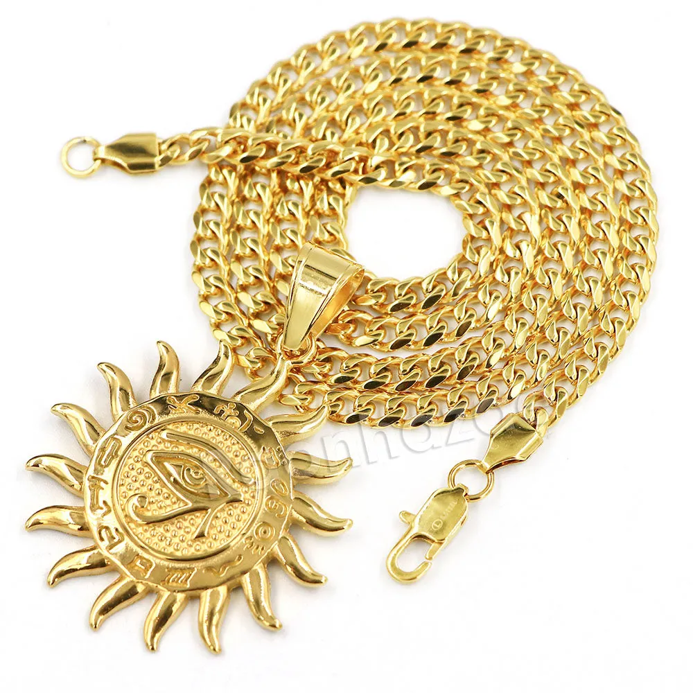 Raonhazae 316L Stainless Steel Round Medallion Eye of Horus All Seeing Eyes Symbol Pendant w/ 4mm Miami Cuban Chain