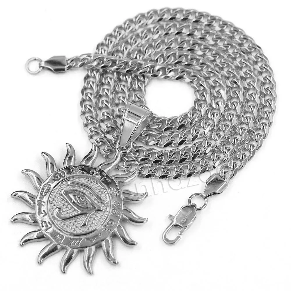 Raonhazae 316L Stainless Steel Round Medallion Eye of Horus All Seeing Eyes Symbol Pendant w/ 4mm Miami Cuban Chain